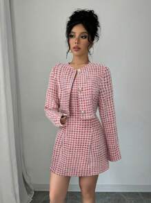 Elenzga 2 件套女士休闲前扣长袖格子上衣和连衣裙套装 - 紅色 - 查看 3