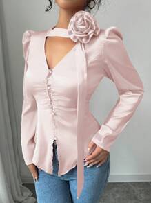 Calvaya Elegant Commuting Fitted Elastic Ruched High Collar Long Sleeve Blouse With Bowknot, Red, Autumn/Winter Women Shirt