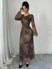 Modelyn Đầm Maxi Dài Cổ Vuông Phối Lưới Họa Tiết Da Báo Cho Nữ, Đầm Dạ Hội Dài Thu Đông - Cà phê - Xem 4