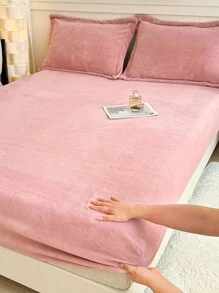 3 件套粉色天鹅绒床单（带滚边）和枕套套装，可机洗 - 粉色 - 查看 2