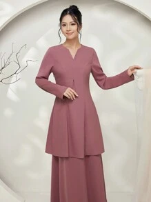 Graceveil Conjunto modesto de top de manga larga de unicolor con cuello en V y falda midi para mujer (Baju Kurung) - Púrpura polvoriento - Ver 6