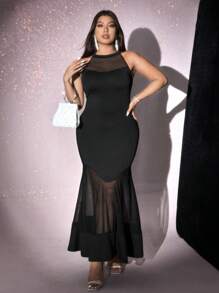 Viva Relle Vestido maxi de talla grande para mujer de unicolor elegante con cuello de malla y apliques, outfit para el Día de San Valentín