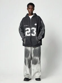 ROMWE MEN Prep Chaqueta casual de mezclilla con cremallera frontal, manga larga y estampado de números para hombres - Negro - Ver 2