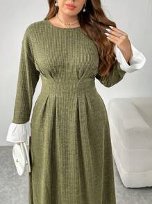 Mulvari Vestido casual simple de manga larga con cuello redondo y cintura, apto para uso diario, talla grande
