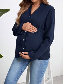 SHEIN Camisa de maternidad de manga larga, blusa con botones de color verde militar