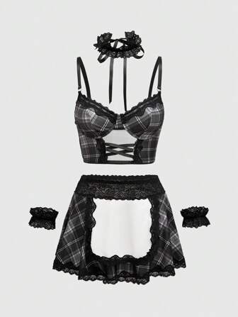 J-Fashion Set de 6 piezas de lencería erótica de disfraz de sirvienta para mujer que incluye: sujetador con aros, tanga, falda, guantes y collar