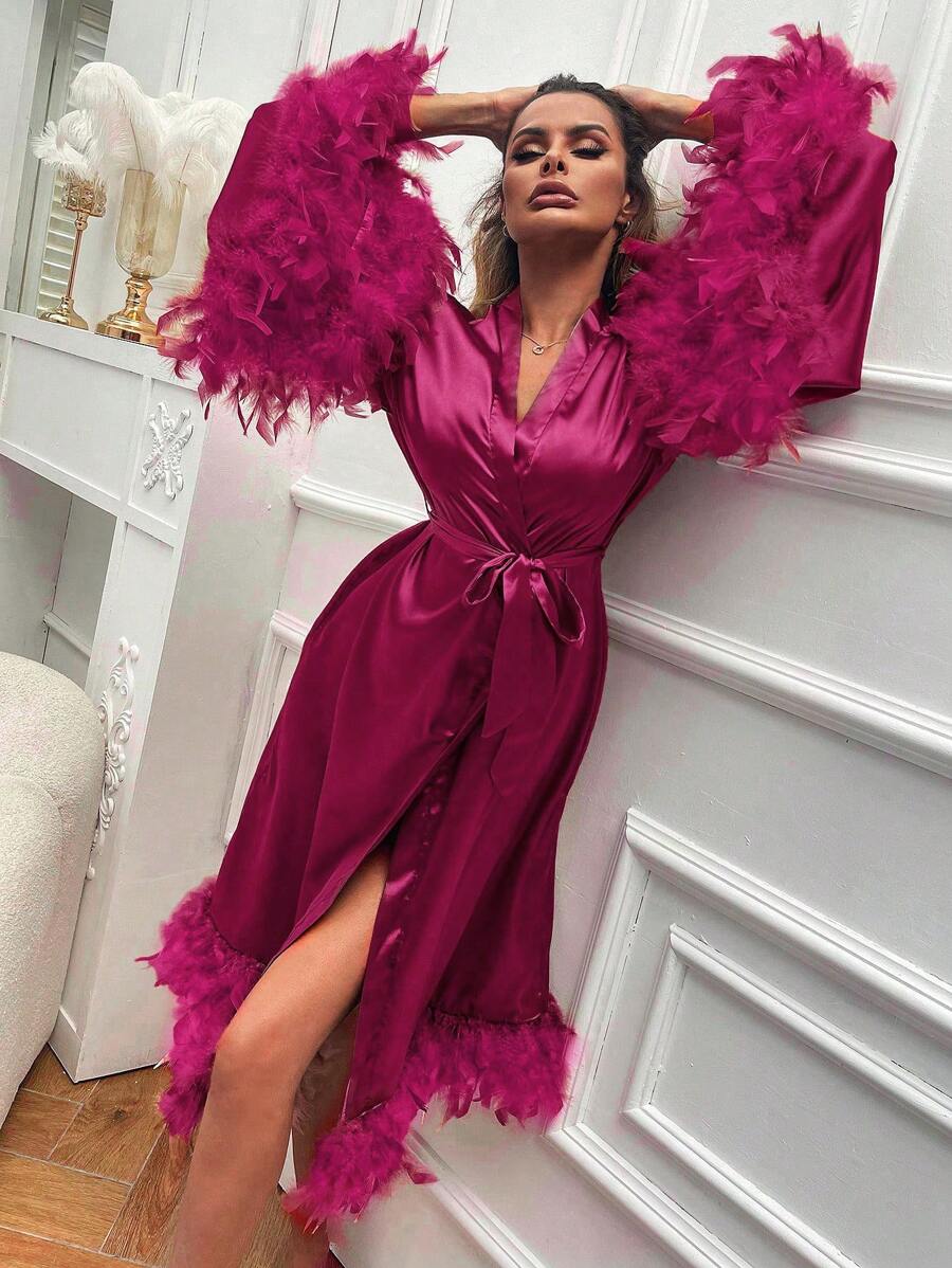 Áo choàng satin thắt lưng viền lông mịn Luxeloungewear, Thu - Màu Hồng Tươi - Xem 1