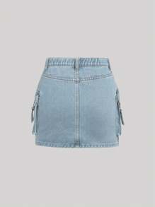 SHEIN 少女休闲牛仔裙，简约时尚日常穿着 - 淺色水洗藍 - 查看 2