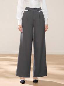 EastFlair Women's Grey Casual Elegant Lace Panel Loose Wide-Leg Pants, Christmas Clothing, Winter Wear - Grey - View 1