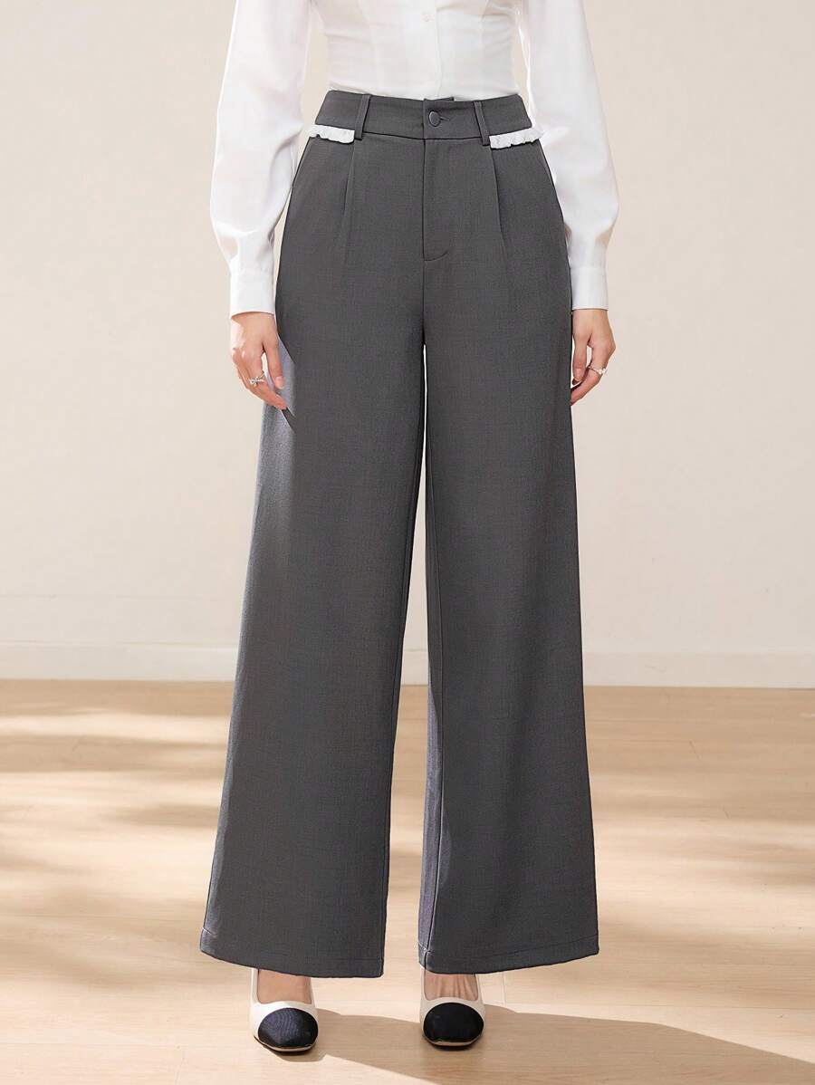 EastFlair Women's Grey Casual Elegant Lace Panel Loose Wide-Leg Pants, Christmas Clothing, Winter Wear - Grey - View 1