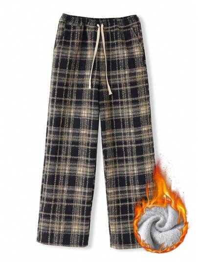 SHEIN BASICS Casual Plaid Thermal Lined High Waist Loose Straight Leg Pants For Women, Daily Commute, Warm Comfort, Thermal Treats