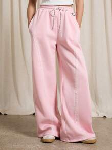 AiiRZ Casual Wide Leg Athletic Joggers With Lace Insert Detail Loungewear Sweatpants For Fall Winter Spring Athleisure Yoga Dance Workout - Pink - View 1