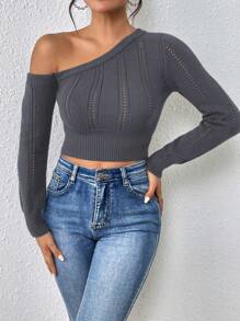 Chiquease 女士纯色不对称领长袖休闲日常针织套头衫秋冬毛衣 - 深灰色 - 查看 5