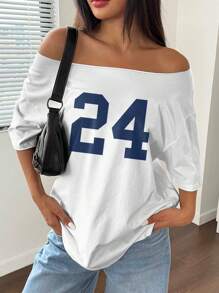 Flirla 1pc Loose Off Shoulder Oversized T-Shirt With Number 24 Print Graphic Tees Women Tops - White - View 3