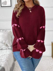 SHEIN Clasi Plus Size Heart Pattern Ruffle Trim Sweater
