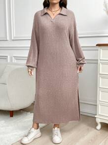 SHEIN LUNE 大码柔软舒适面料长裙感恩节服装女装新年女装冬季服装冬季服装女装狂欢服装女装冬季服装女装冬季服装 - 粉色 - 查看 5