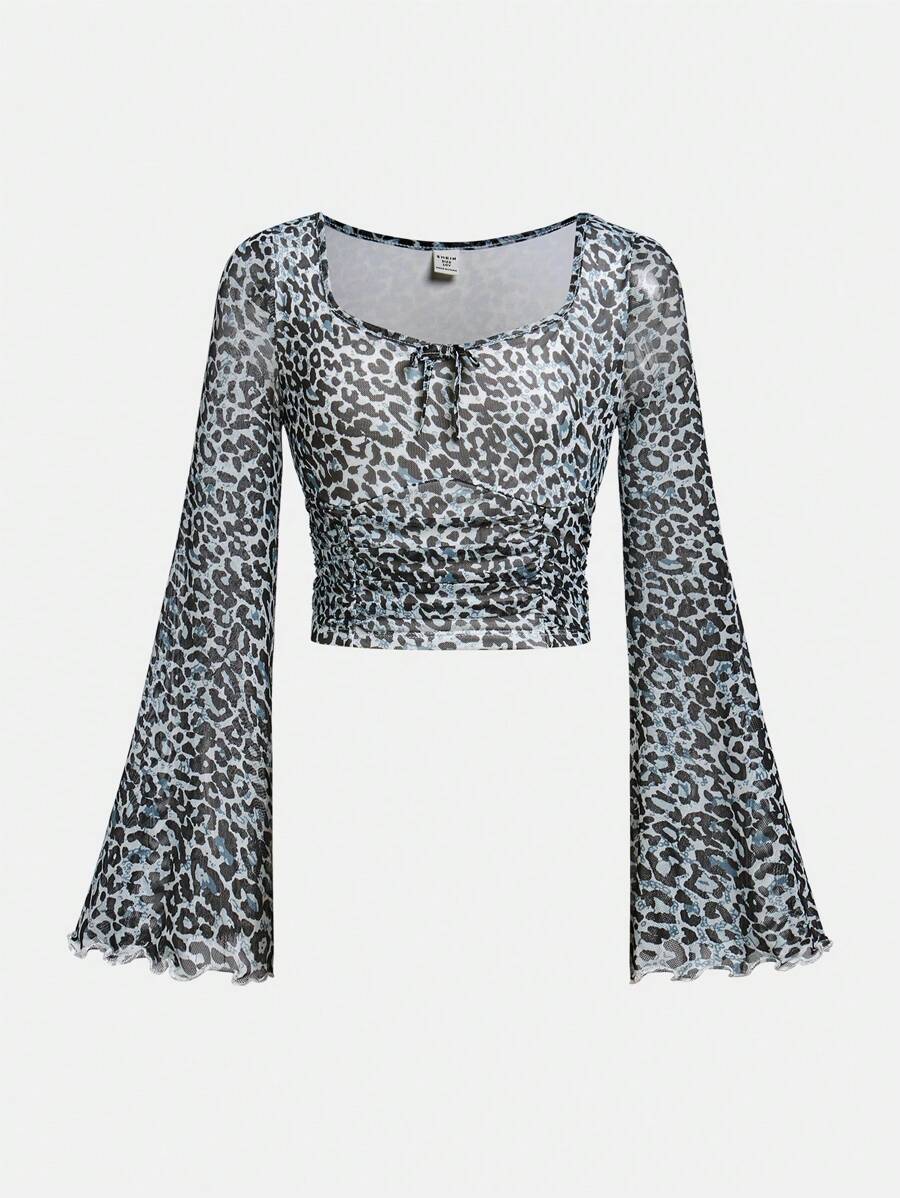 SHEIN Girlism Tween Girls Fitted Square Neck Drawstring Waist Leopard Print Casual Flare Sleeve T-Shirt - Dusty Blue - View 1