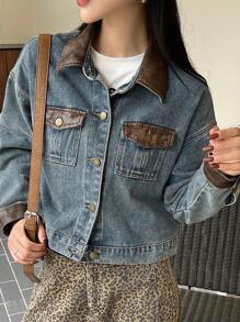 DAZY 女士纯色拼接前扣长袖口袋简约牛仔夹克 - 藍色 - 查看 6