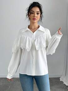 Chiquease Women's Solid Color Casual Ruffled Long Sleeve Versatile Blouse Women Shirt - White - View 3