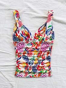 Soleia 1 件女士彩色佩斯利印花褶饰短款吊带背心，适合度假、新年、女士上衣、短款上衣、新年上衣、西方女士、派对女士、圣诞节女士上衣、节日、假日上衣、外出
