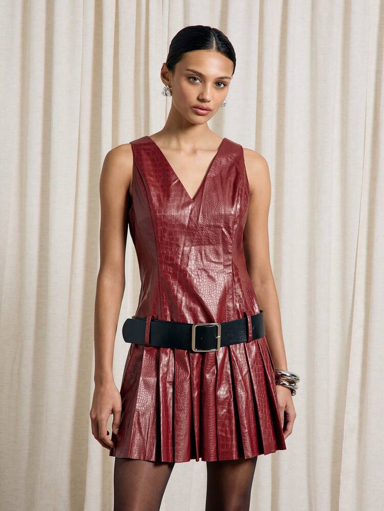 AiiRZ V Neck PU Pleated Mini Dress With Belt