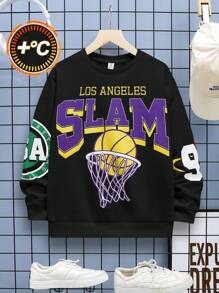 SHEIN Teen Boys Basketball English Print Sweatshirt, Casual Sports Graphic Loose Round Neck Pullover, Retro Street Fashion
