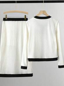 Chiquease Ensemble élégant et de 2 pièces, pull tricoté et jupe. Costume tricoté noir et blanc de haute qualité décontracté pour l'automne