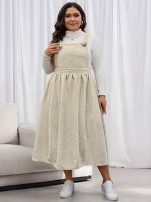 SHEIN LUNE Plus Size Solid Color Wide Strap Pleated Casual Dress Plus Size Fall Clothes Dresses For Women Thanksgiving Outfit Women New Years Women Outfit Winter Dresses Winter Clothes Women Rave Outfits - Khaki - View 4