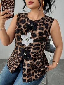 Flirla Plus Size Women 3D Flower Decor Leopard Print Split Back Tank Top Graphic Cheetah Print Tees Women Tops - Black - View 5