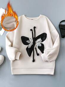 Mulvari Plus Size Round Neck Long Sleeve Casual Sweatshirt With 3D Floral Decor - Apricot - View 1