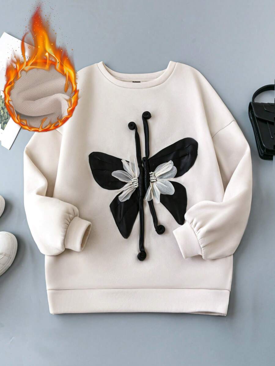 Mulvari Plus Size Round Neck Long Sleeve Casual Sweatshirt With 3D Floral Decor - Apricot - View 1