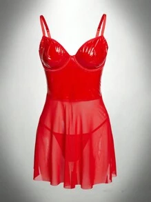 Set de 2 piezas: Vestido lencero de sujetador y tanga con aros de piel y malla, sexy - Rojo - Ver 6