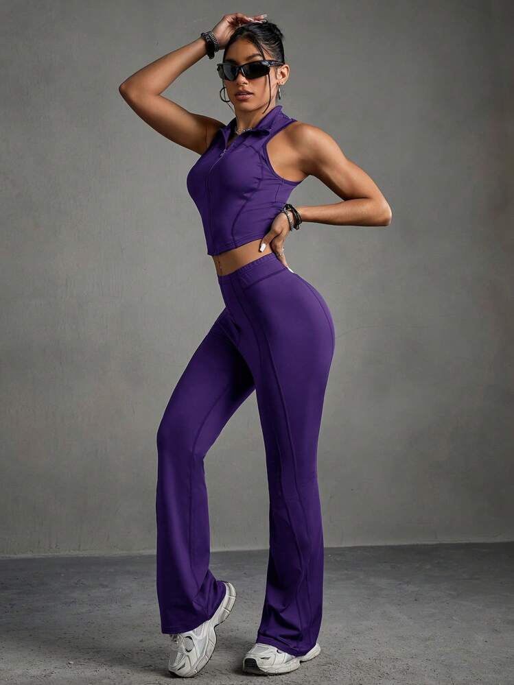 Streetz SHEIN Sport 女士纯色拉链前背心和喇叭裤运动套装女士健身套装 - 紫羅蘭色 - 查看 7