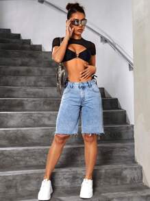 SHEIN ICON Pantalones Cortos De Pierna Recta Con Acabado Crudo Para Mujer