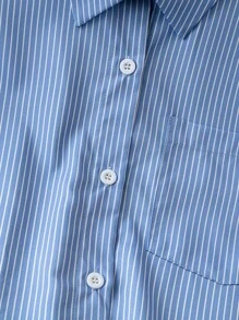 SHEIN PETITE 女式条纹宽松休闲衬衫（带口袋），春夏 - 藍白色 - 查看 4