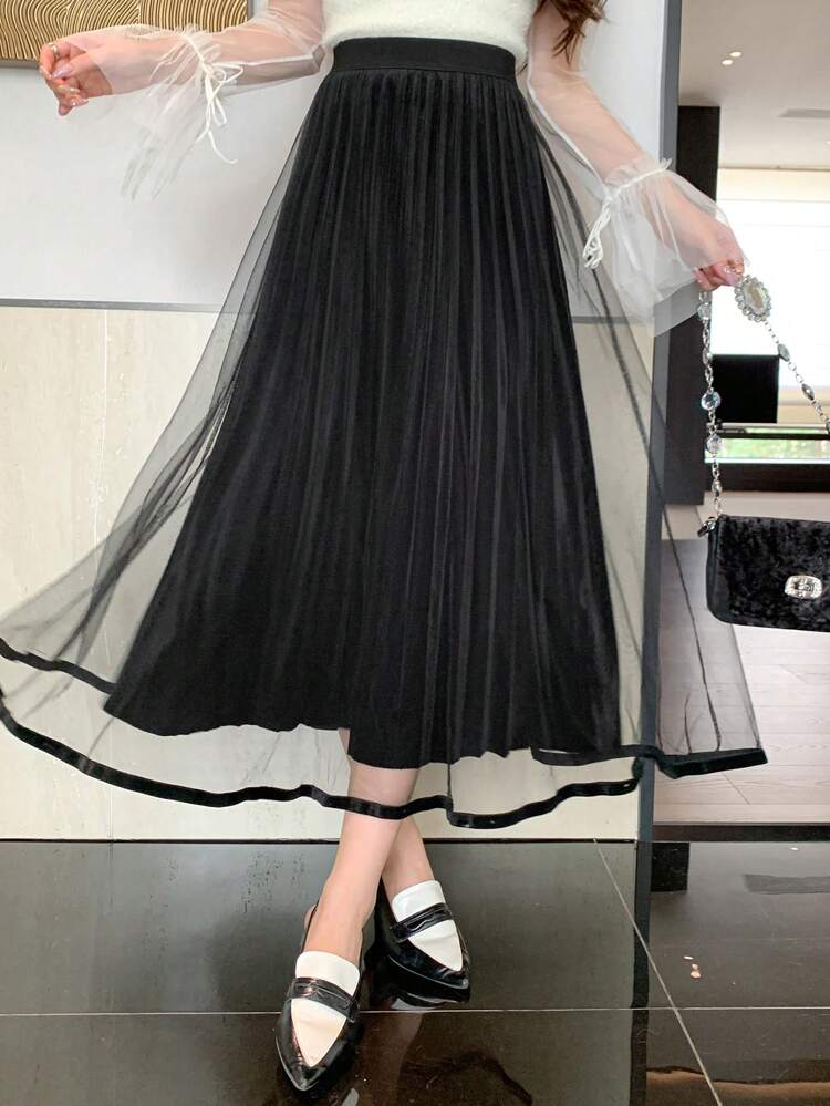 Women's Elegant Casual Mesh Pleated A-Line Skirt, Autumn Winter Women Skirts