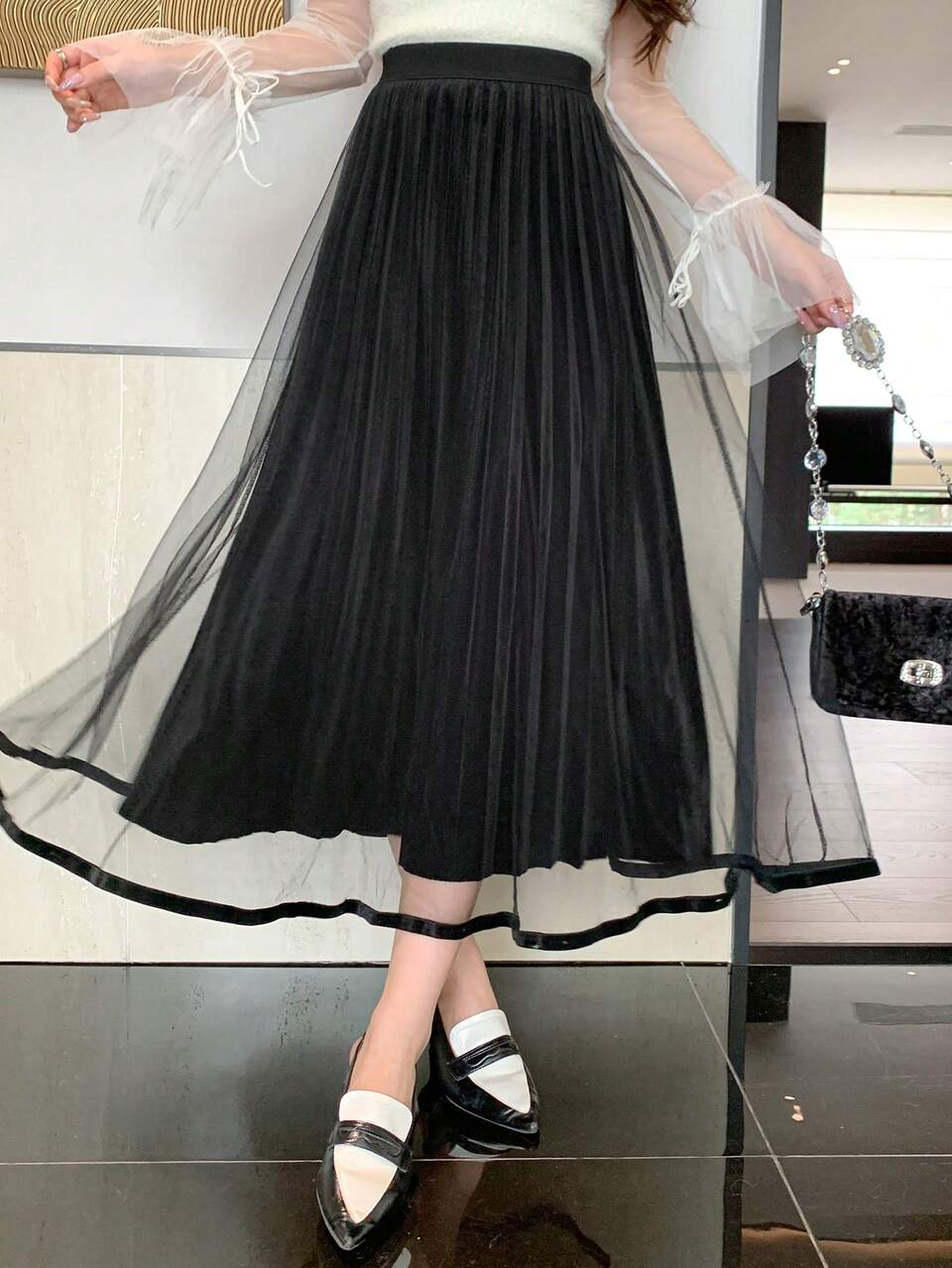 Women's Elegant Casual Mesh Pleated A-Line Skirt, Autumn Winter Women Skirts