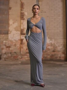 MUSERA 前开衩扭结长袖连衣裙，优雅春夏度假舞会秋季长裙，毕业舞会礼服 - 深灰色 - 查看 4
