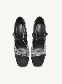 CUCCOO CHICEST 方头带扣粗花呢 7 厘米高跟玛丽珍鞋，法式别致优雅春季鞋春假复活节 - 黑色 - 查看 4