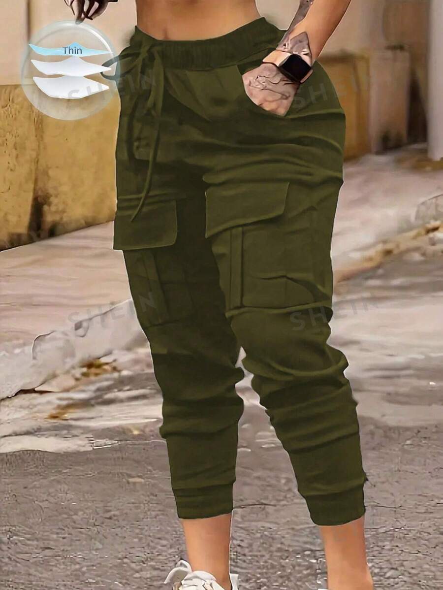 EMERY ROSE Pantalón de carga de talla grande con cintura alta y dobladillo con cordón - Verde - Ver 1