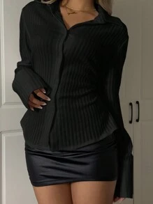 SHEIN EZwear Áo cánh tay loe họa tiết eo trơn màu đơn giản cho nữ - màu đen - Xem 4