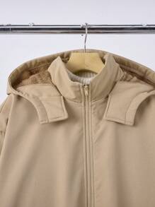 SHEIN Leap Crew Áo khoác dài vừa phải có mũ trùm đầu, khóa kéo, màu kaki, dành cho bé trai tuổi teen, lót giữ nhiệt ấm áp, chống gió, đa năng cho mọi hoạt động hàng ngày, ngoài trời, đi học, thu/đông - Màu Khaki - Xem 7