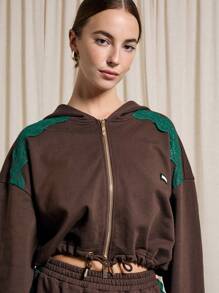 AiiRZ Lace Trim Crop Zip Up Hoodie And Wide Leg Trouser Set