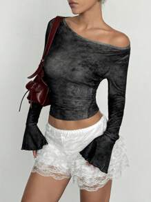 Flirla Boat Neck Flare Sleeve Distressed Fitted Women T-Shirt - Dark Grey - View 4