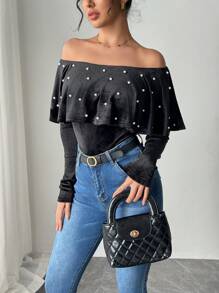 Chiquease 优雅荷叶边荷叶边饰珍珠装饰女式紧身衣