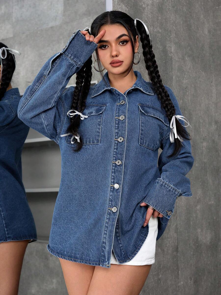 SHEIN PETITE Casual Water-Washed Loose Denim Jacket, Autumn - Medium Wash - View 1