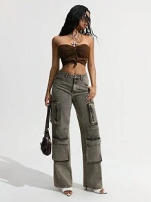 SHEIN ICON Jeans rectos holgados y casuales de mujer, estilo grunge desgastado y desgarrado - Gris - Ver 1