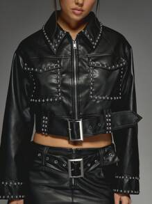 MISSGUIDED Veste moto courte cloutée, style de rue western, mode automne/hiver, punk rock, ceinture à double boucle