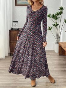 SHEIN LUNE 女士 V 领长袖全印花休闲长裙 - 彩色 - 查看 3