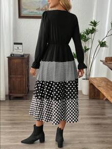 EMERY ROSE Women's Autumn Striped Polka Dot Print Long Sleeve Button Design Elegant Midi Dress - Black - View 2